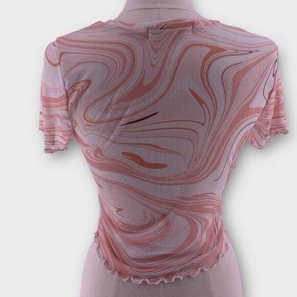 Y2K Swirl Print Mesh Top Short Sleeve Fairy Rave Indie Psychedelic L - Picture 2 of 7